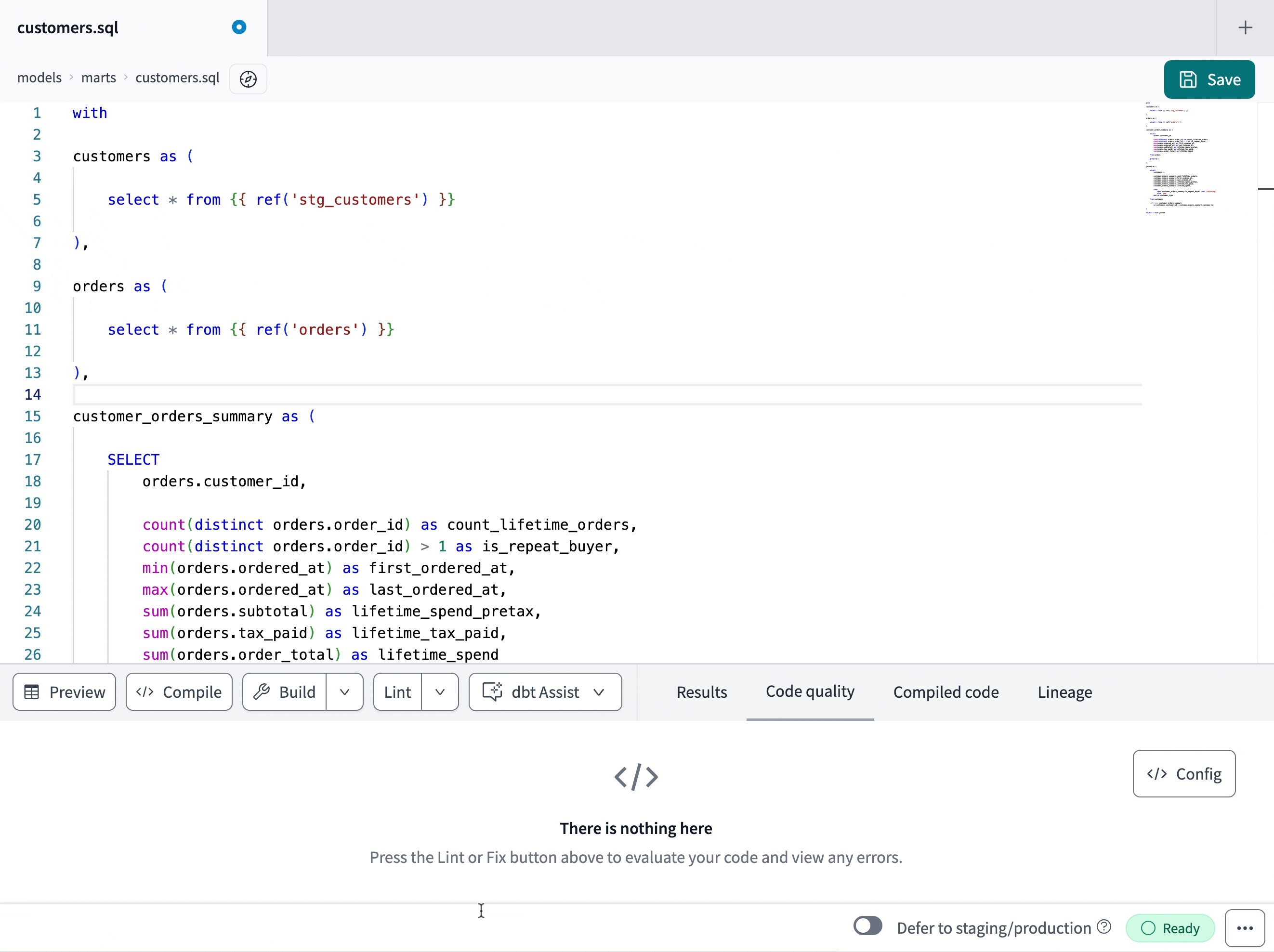 Use SQLFluff to lint/format your SQL code, and view code errors in the Code Quality tab.